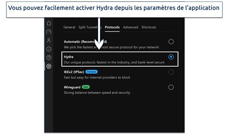 Capture d’écran montrant comment activer le protocole Hydra