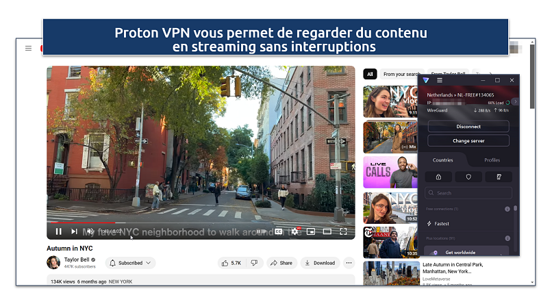 Capture d’écran du streaming YouTube avec Proton VPN connecté