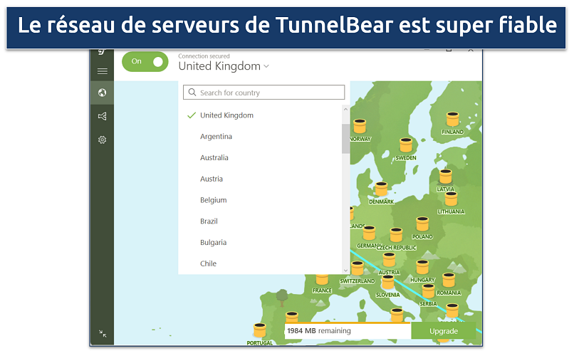 Capture d’écran de la liste des serveurs de TunnelBear