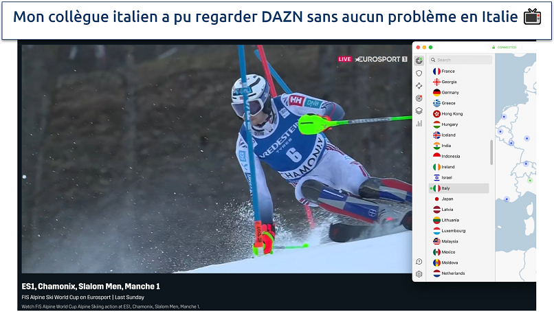 Screenshot of the NordVPN app connected to a server in Italy while streaming skiing on DAZN