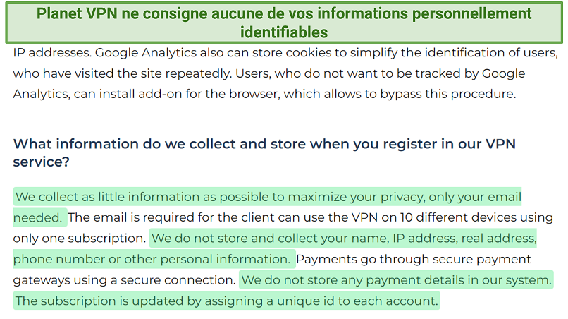 A screenshot showing Planet VPN doesn't store any sensitive information