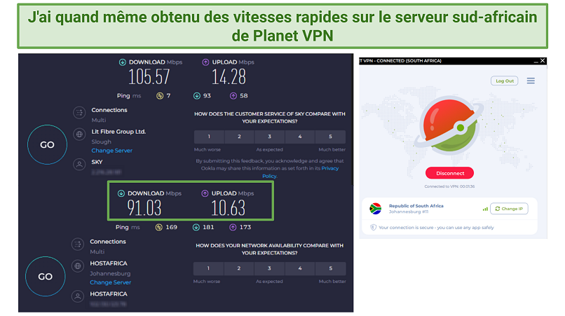 A screenshot showing Planet VPN's South African server is fast.