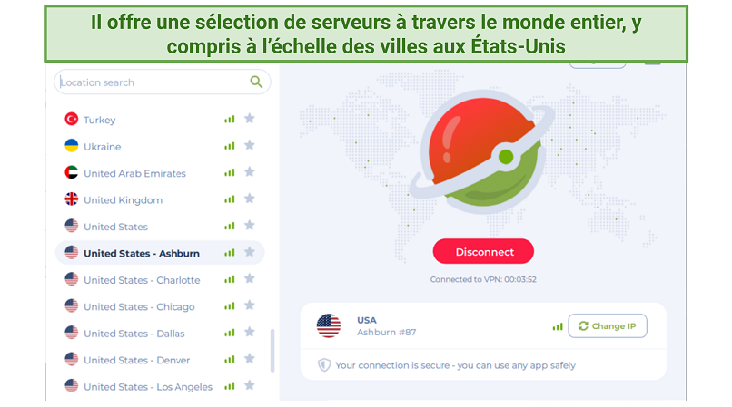 A screenshot showing Planet Free VPN only offers several servers worldwide, including city-level ones in the US