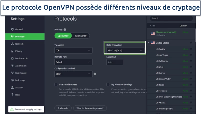 Screenshot of PIA app showing encryption levels