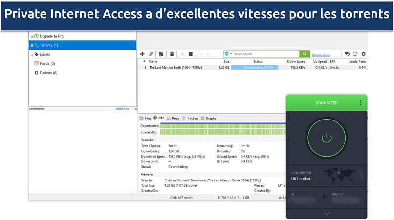 Screenshot of PIA torrenting on London server