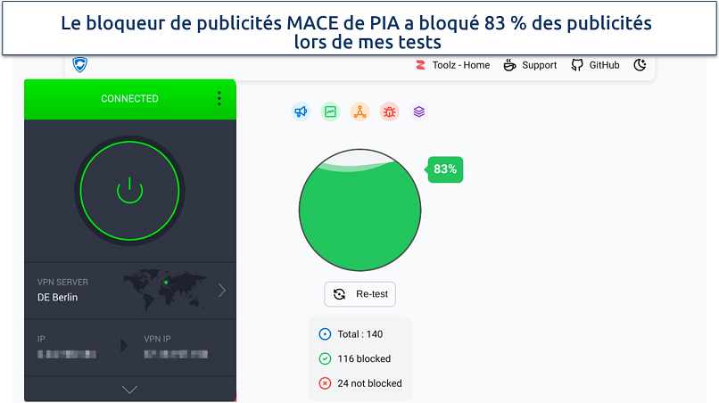 Screenshot of PIA MACE feature blocking ads test results