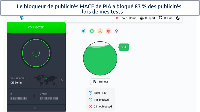 Screenshot of PIA MACE feature blocking ads test results