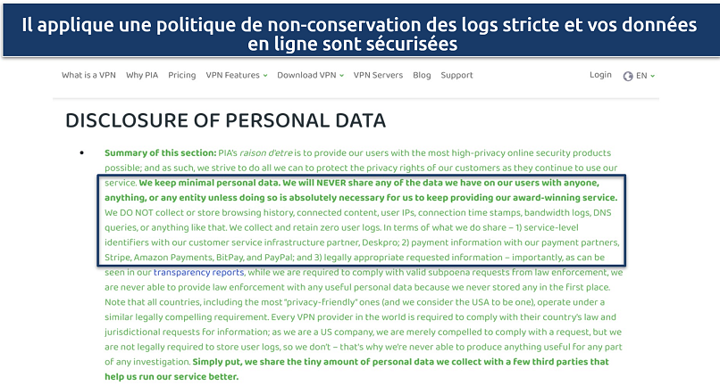 Screenshot of PIA's no logs policy