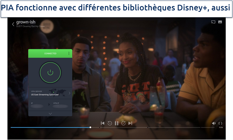 Screenshot of PIA streaming US Disney+ with US East Streaming server
