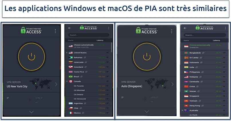 Screenshots showing PIA Windows and macOS app side by side