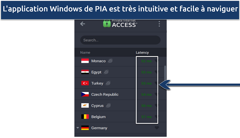 Screenshot showing PIA Windows app server list