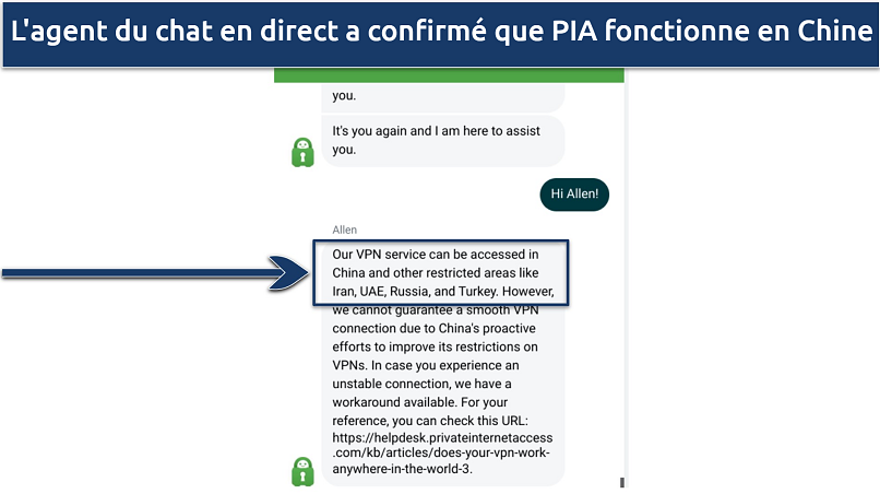 Screenshot of conversation with PIA customer support agent confirming that it works in China