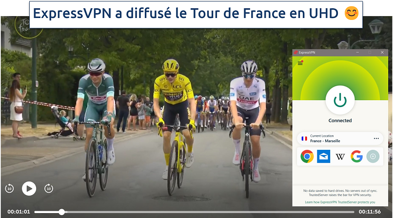 Screenshot of Tour de France on France TV, with ExpressVPN connected to a French server