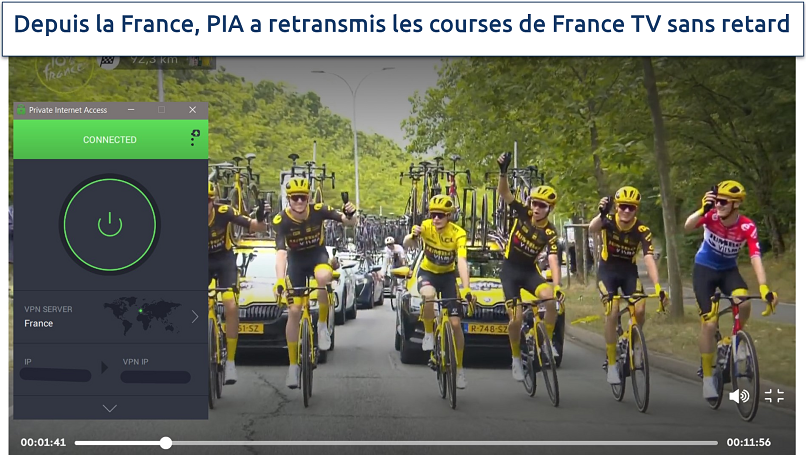 Screenshot of Tour de France on France TV, with PIA connected to a France server