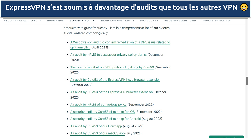 Screenshot of ExpressVPN's website showing its independent audits list
