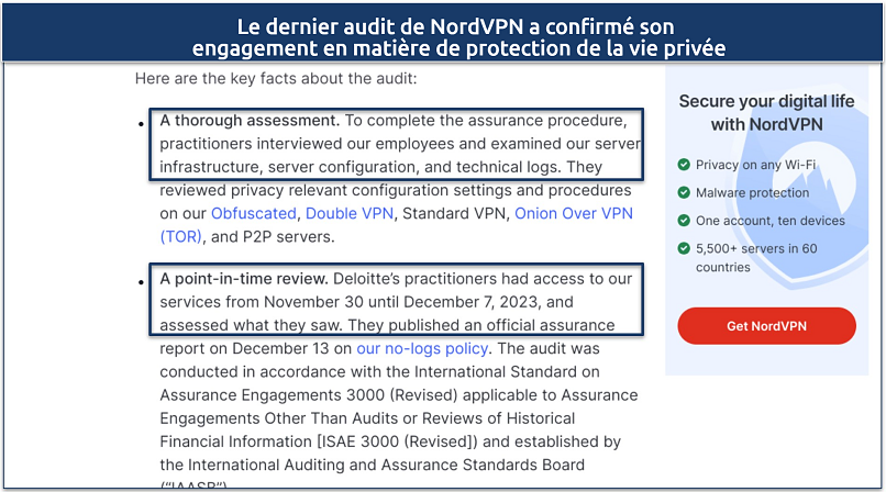 Screenshot of NordVPN's statement about its attest audit