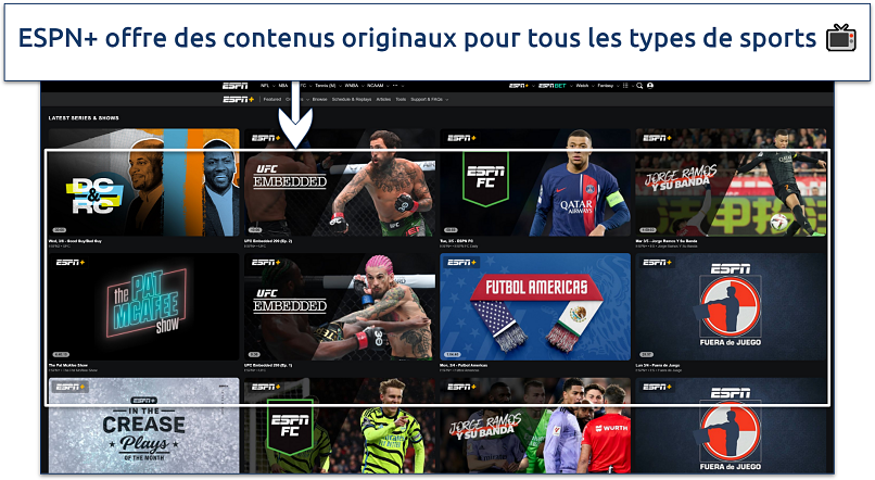 Capture d’écran montrant la page web des Originaux ESPN+