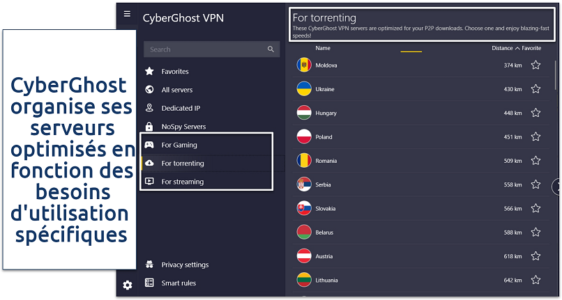 Screenshot of CyberGhost's torrenting servers