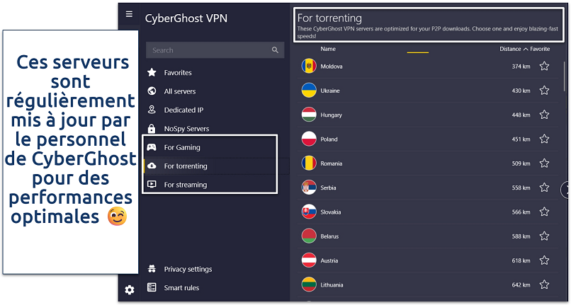 Capture d’écran des serveurs de torrent de CyberGhost