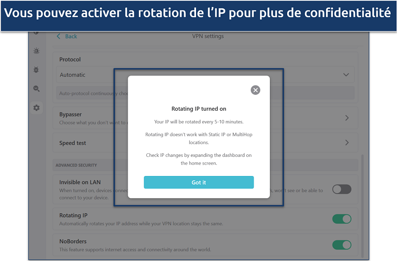 Capture d’écran des paramètres de rotation de l’IP de Surfshark