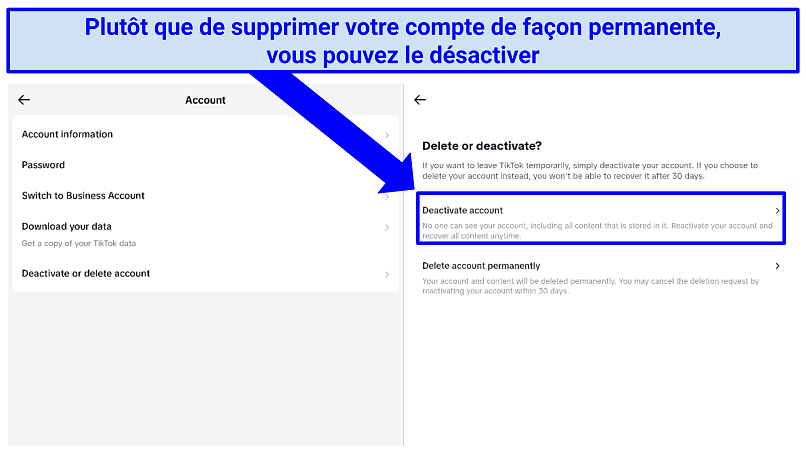 Pictures of TikTok account deactivation option