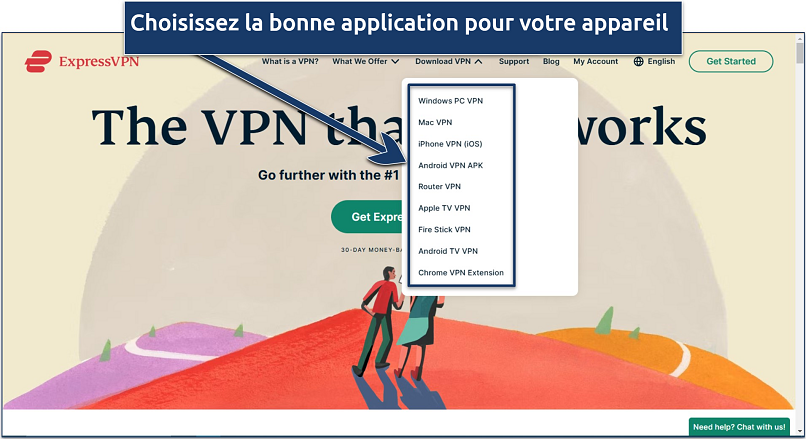 Capture d’écran de la page d’accueil d’ExpressVPN avec l’option de téléchargement du VPN pour des appareils spécifiques