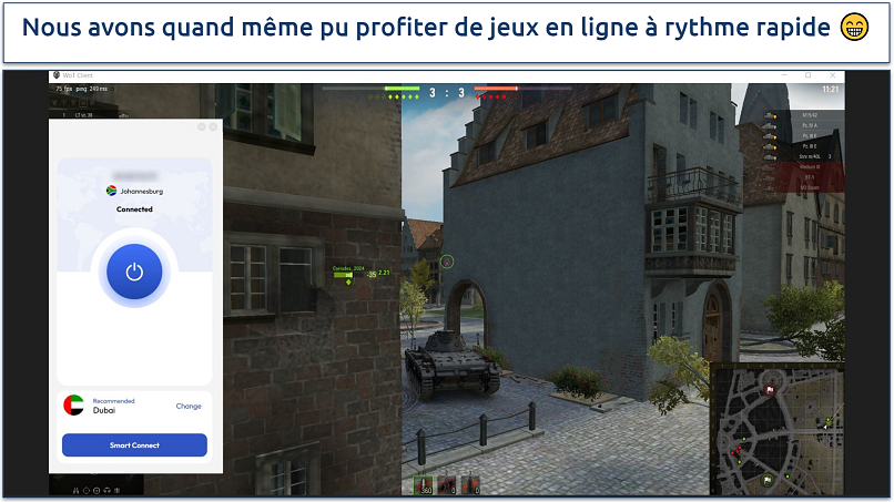 Screenshot of World of Tanks being played whiled connected to FastestVPN's Johannesburg server