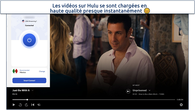 Screenshot of Hulu player streaming Just Go With It while connected to FastestVPN's US streaming server 