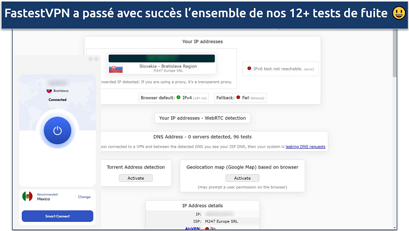 Screenshot of a leak test done on ipleak.net while connected to FastestVPN's Slovakia server