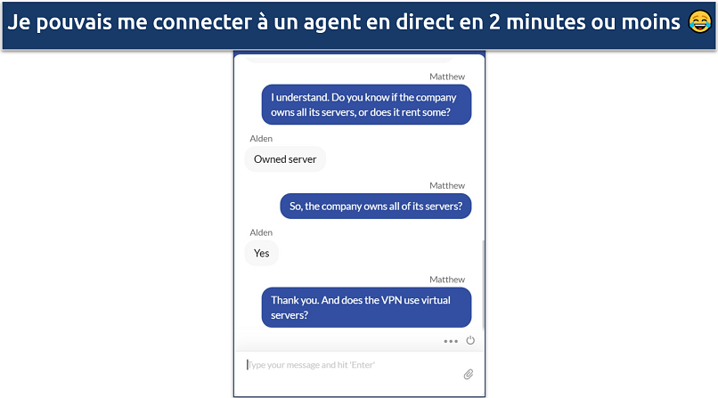 Screenshot of a conversation with FastestVPN's live support where they confirm it owns all its servers 