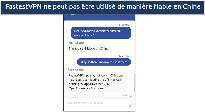 Screenshot of a conversation with FastestVPN's support staff where they claimed the app can't be used in China 