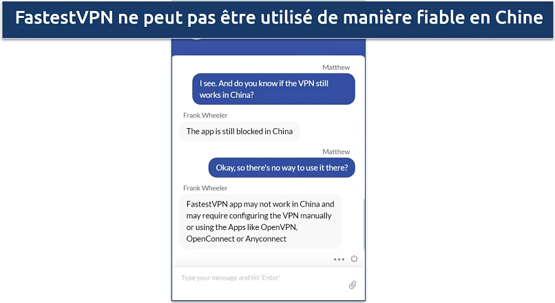 Screenshot of a conversation with FastestVPN's support staff where they claimed the app can't be used in China 