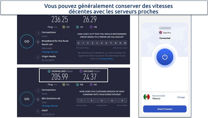 Screenshot of Ookla speed tests done with no VPN connected and while connected to FastestVPN's Norway server