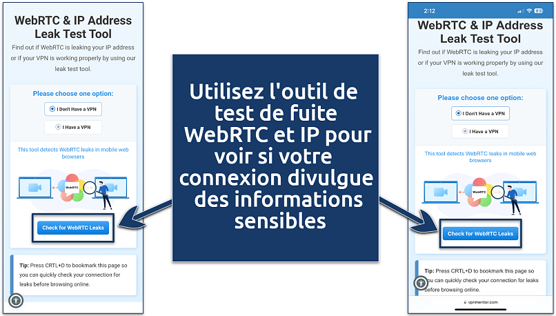 Screenshot of VpnMentor's WebRTC and IP address leak test tool