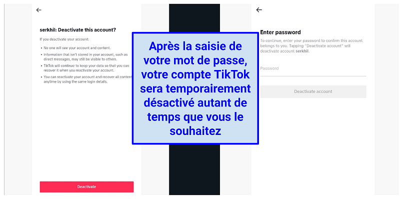 Screenshots of TikTok account deactivation