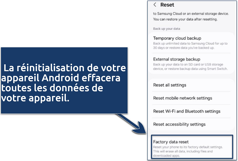 Capture d’écran d’une fenêtre de réinitialisation d’un smartphone Android