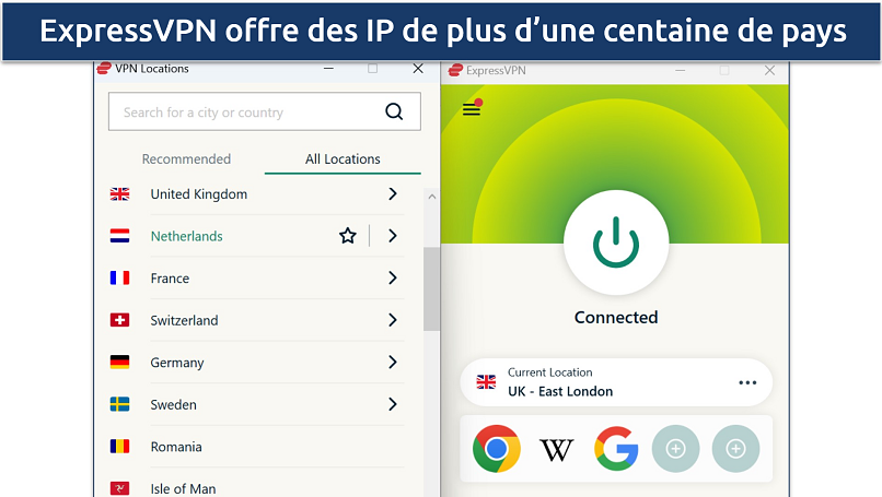 Capture d’écran d’ExpressVPN connecté à un serveur à Londres