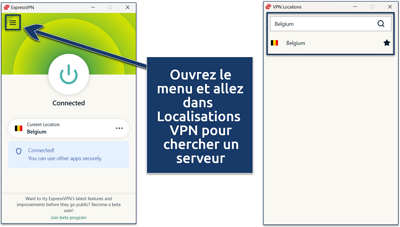 Screenshot of the ExpressVPN Windows app with an active connection to its Belgium server