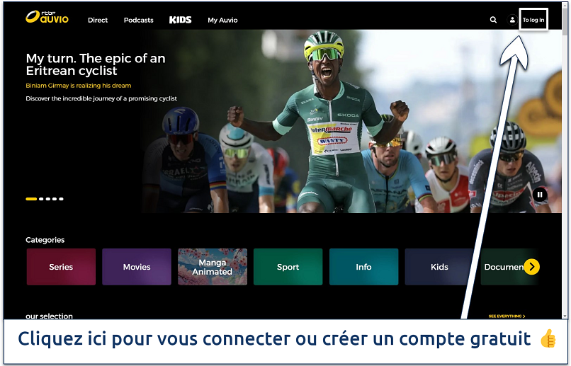 Screenshot of the RTBF homepage with the main menu log in option highlighted