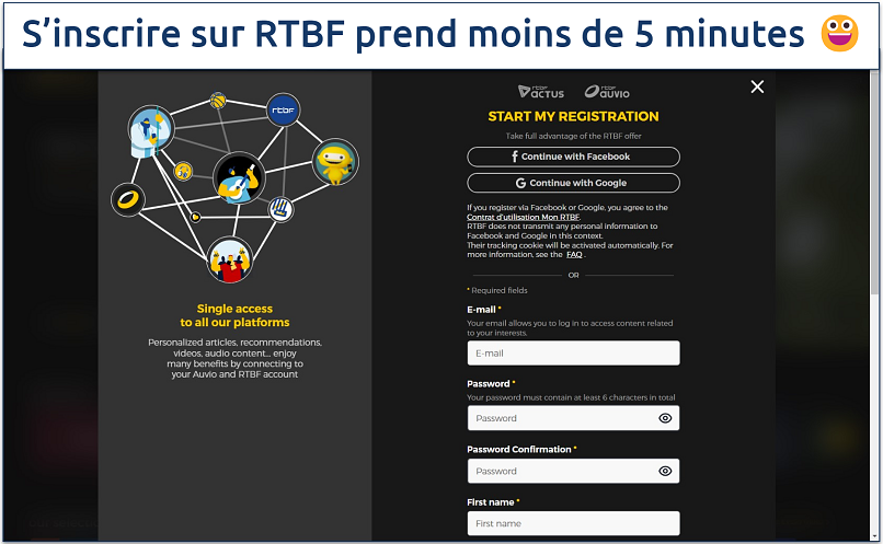 Screenshot of the RTBF sign-up page