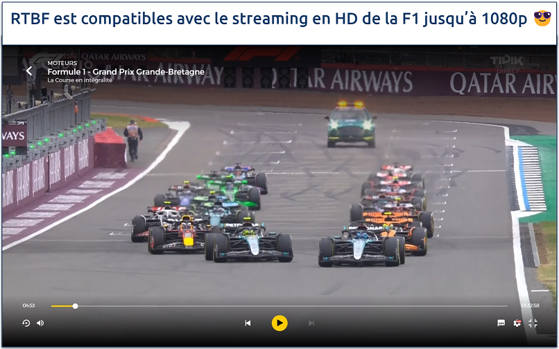 Screenshot of streaming an F1 race on RTBF in HD