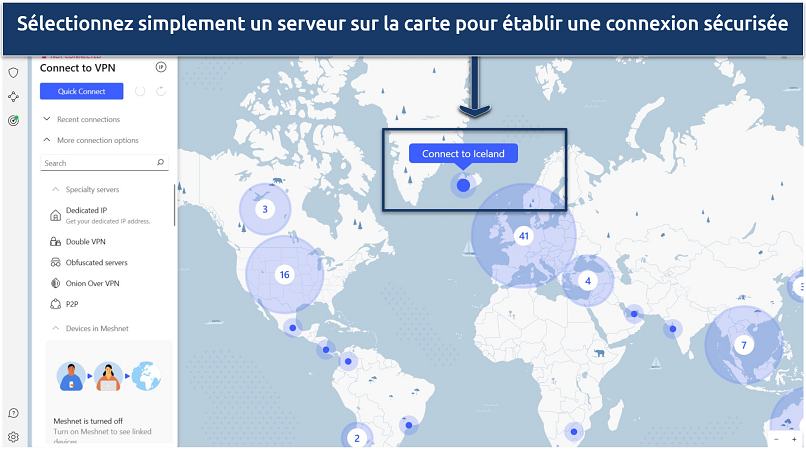 A screenshot showing NordVPN's user-friendly interface that features an intuitive map for easy server selection