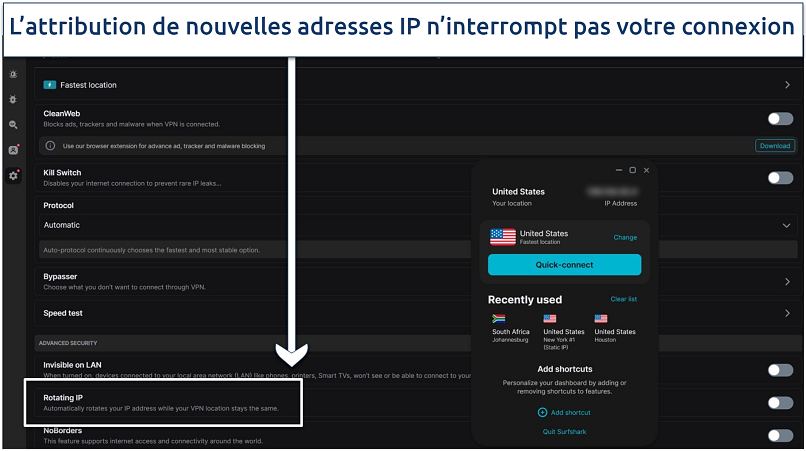 A screenshot showing Surfshark's Rotating IP feature that refreshes IP addresses every few minutes