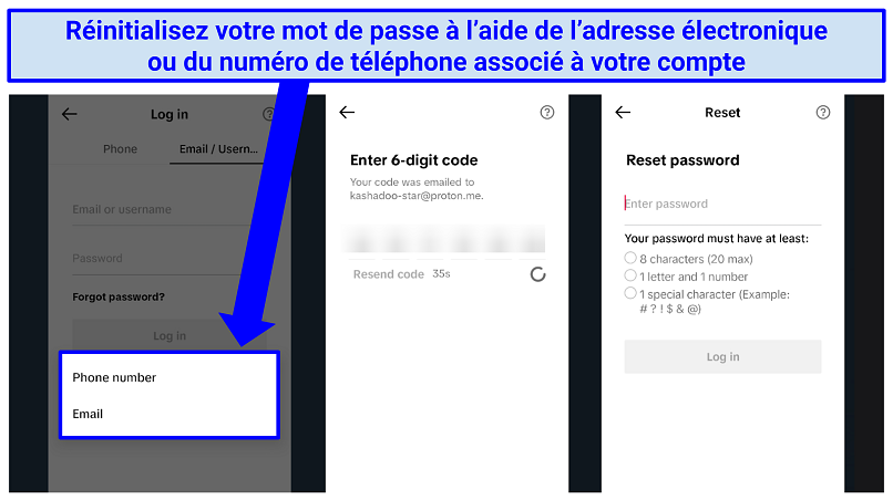 Pictures of TikTok password recovery for account deletion