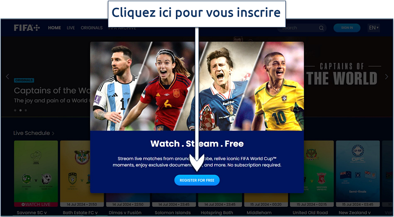 Capture d’écran de la page d’accueil du site FIFA+ avec la possibilité de s’inscrire gratuitement