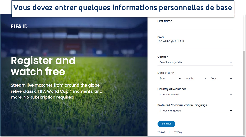 Capture d’écran du processus d’inscription à FIFA+