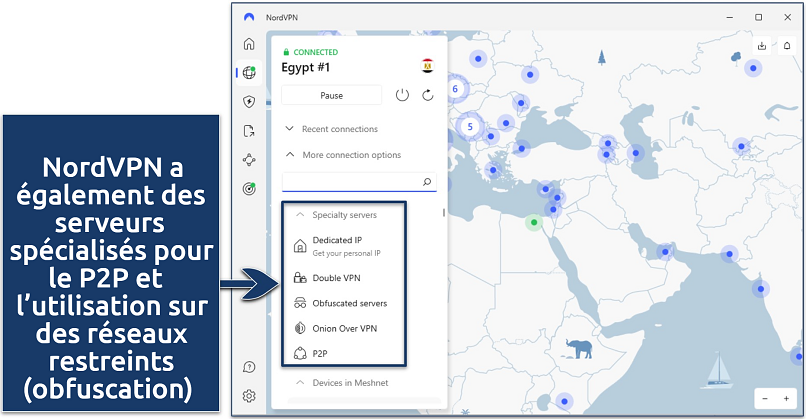 Screenshot of the NordVPN app showing its specialty servers while connected to an Egypt server