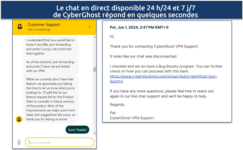 Screenshot of a chat with CyberGhost's customer support