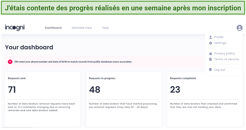 A screenshot showing the number of data brokers that Incogni contacted on my behalf