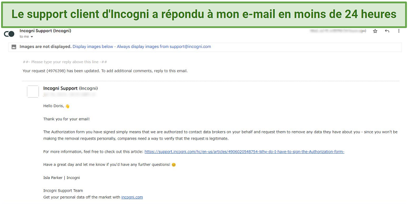 A snapshot of Incogni email support response